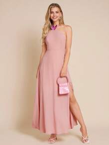 Amorya 女士优雅社交派对露肩高开衩装饰连衣裙，雪纺 - 粉色 - 查看 7