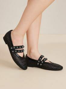 MOTF PREMIUM SUMMER BREATHABLE WOVEN MARY JANE SHOES, FASHIONABLE ELEGANT COMFORTABLE ROUND TOE HOLLOW OUT FLAT SHOES FOR WOMEN - Black - View 2