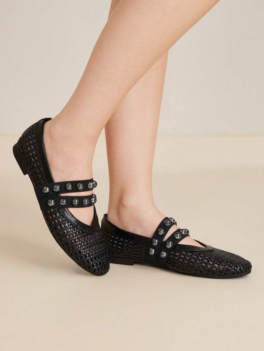 MOTF PREMIUM SUMMER BREATHABLE WOVEN MARY JANE SHOES, FASHIONABLE ELEGANT COMFORTABLE ROUND TOE HOLLOW OUT FLAT SHOES FOR WOMEN - Black - View 2