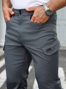 Manfinity Homme Quần Cargo dáng ôm túi màu trơn đơn giản cho nam - Màu xám đen - Xem 2