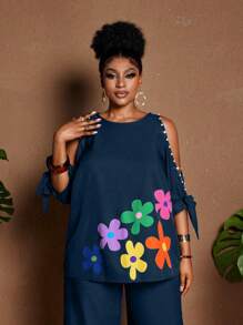 Maweii Plus Size Summer Vacation Off-Shoulder Cartoon Floral Shirt & Pants Two Pieces Set - Navy Blue - View 4