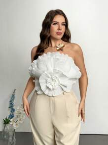 SHEIN Privé 大尺碼春夏假期優雅約會/派對/休閒海灘多層摺疊緊身女士上衣 - 米色 - 查看 5