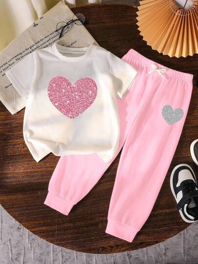 Conjunto de pantalones y camiseta de manga corta con cuello redondo, de estampado minimalista, para niña, atuendo de verano