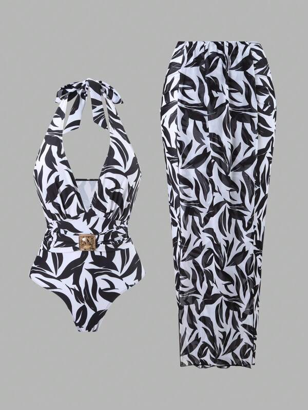 Swim Oasis Women's Summer New Black & White Striped Print One-Piece Beach One Piece Swimsuit + Beach Skirt Vacation Holiday Bikini Set