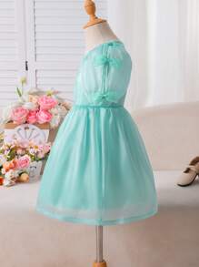 Girls' Princess Dress With Bow, Bubble Sleeves, Suitable For Everyday Commute, Elegant & Casual Wear - Mint Green - View 4