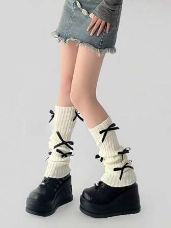 Anime 1 paire de chaussettes blanches montant au-dessus du genou avec décoration de nœud pour femmes
