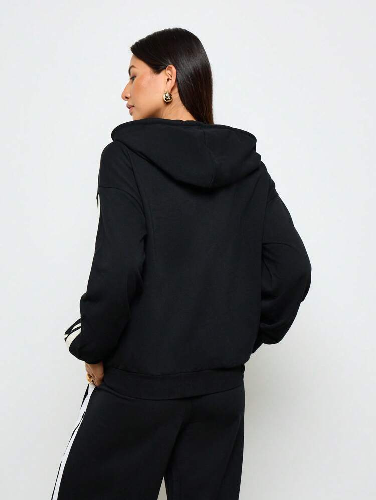 AiiRZ Side Stripe Zip Up Hooded Sweatshirt Winter Fall Essential Lounge Wear Drawstring Cozy Streetwear Everyday Casual Layering Top Graduation,Back To School Outfits,Graduation,Teacher Outfits For Women,Back To School