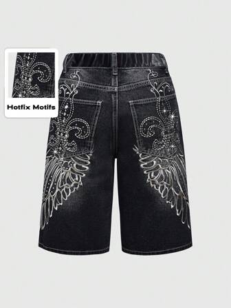 Grunge Punk Plus Size Punk Wing Embroidered Rhinestone Effect Loose Denim Capri Pants
