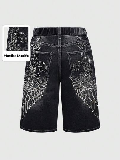 Grunge Punk Pantalon capri en jean ample avec effet de strass, ailes punk brodées, grande taille