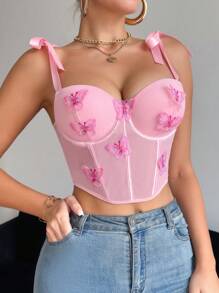 SHEIN 1 件女士不对称下摆蝴蝶贴花紧身性感文胸 - 粉色 - 查看 8