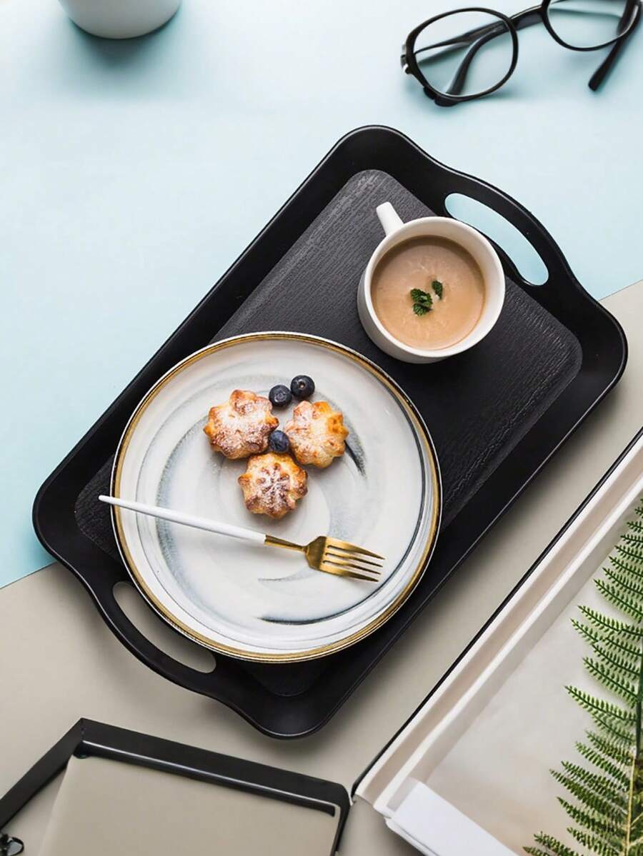 带把手的餐盘，多用途塑料托盘，长方形防滑装饰食品托盘，适用于餐厅、早餐台、派对厨房 - 黑色 - 查看 1