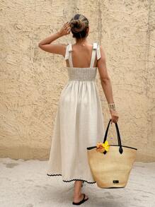 SHEIN Frenchy Đầm midi không tay phối màu cho nữ - Màu be - Xem 2