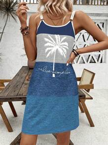 Breezaya 圆形装饰拼色椰子树印花连衣裙，女士度假沙滩装