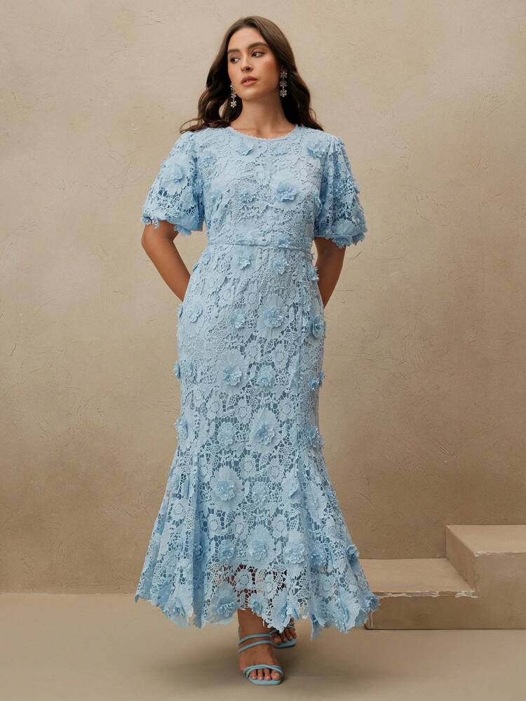 Vestido largo elegante de vacaciones casual de verano con mangas abullonadas y cola de pez, en color rosa, para mujer de talla grande, de moda