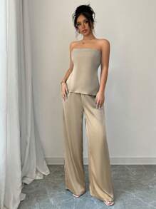 INAWLY Set de 2 piezas de top de tirantes y pantalones de unicolor casual para mujer, simple y de moda para uso diario