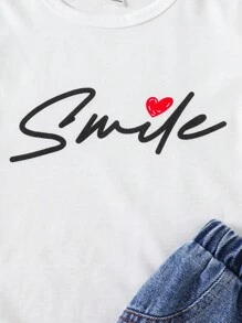 SHEIN Dziewczęcy swobodny, wygodny, prosty, okrągły dekolt, krótki rękaw, koszulka i spodenki jeansowe, 2-częściowy zestaw - Biały - Zobacz 8