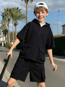 2pcs Tween Boys Casual Daily Comfortable Solid Color Hooded Pocket Loose Short Sleeve Half Zip T-Shirt And Shorts Knit Tracksuit Set - Black - View 1