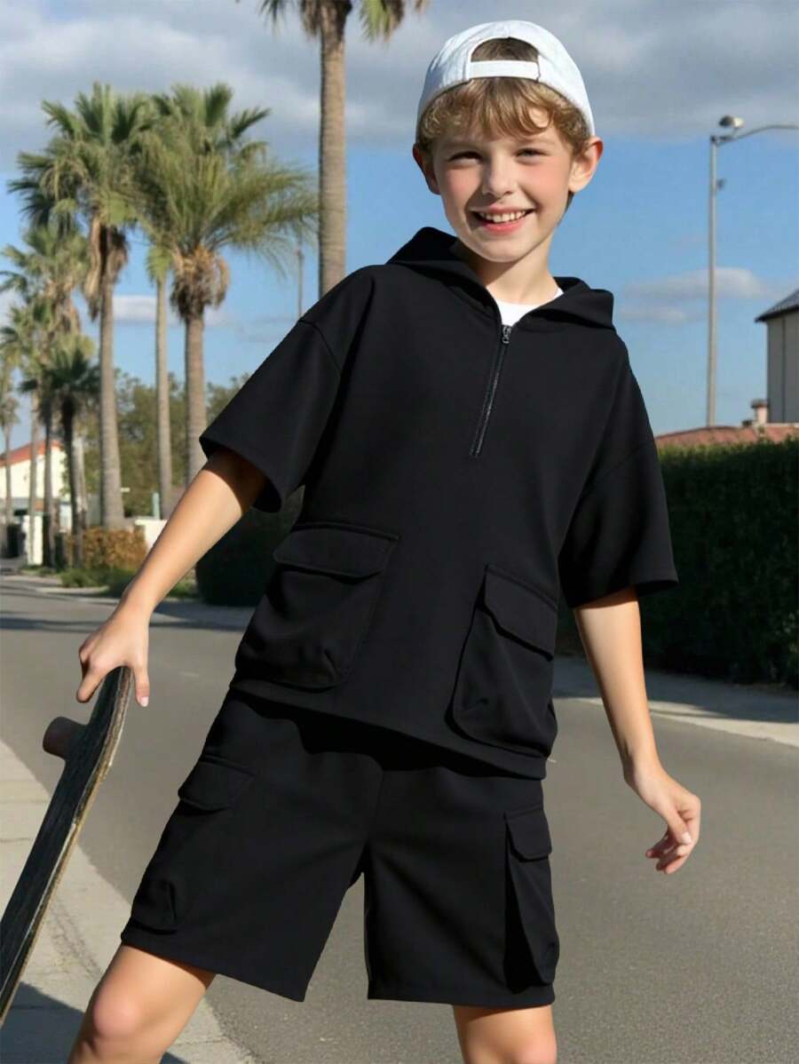 2pcs Tween Boys Casual Daily Comfortable Solid Color Hooded Pocket Loose Short Sleeve Half Zip T-Shirt And Shorts Knit Tracksuit Set - Black - View 1