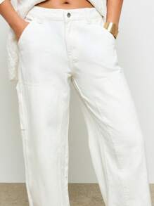 AiiRZ 宽松实用工装牛仔阔腿牛仔裤，带贴袋，撞色标签细节，休闲秋冬风格 - 白色 - 查看 6