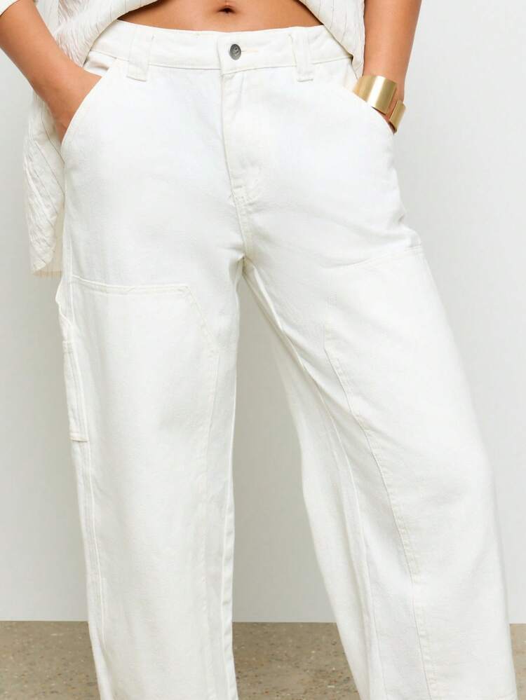 Loose Fit Wide Leg Denim Women Jeans With Patch Pockets
