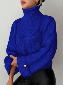 EURMUSE Women Casual Solid Color High Neck Dropped Shoulder Loose Cropped Sweater, Fall Autumn/Winter - Royal Blue - View 4