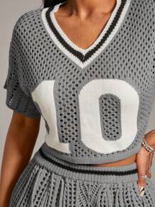 SHEIN SXY 2pcs/Set Regular Women Digital Print Short Sleeve Hollow Out Knitted Blouse And Mini Skirt Casual Outfit - Grey - View 4