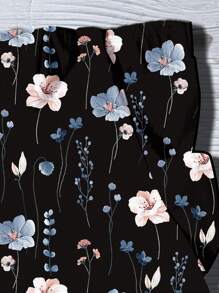 EMERY ROSE 大码女式休闲度假黑色V领荷叶袖宽松蓝白碎花印花雪纺衬衫，女士夏季度假时尚上衣 - 黑色 - 查看 6