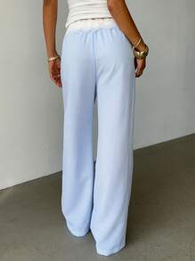 Siren Gaze Women's Lace Ruffle Waisted Loose Blue And White Striped Straight Casual Pants, Beach Pants, Summer Wide Leg Pants Summer Trousers Low Rise Pants Vacation Outfits Woman