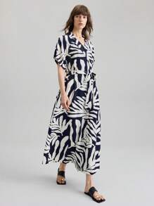 Ontre Women's Teacher Outfit, Independence Day, Women's Airport Fashion, Comfortable Casual Style, Navy Blue, Printed Pattern, Abstract Floral Print, Short Sleeve, Turndown Collar, Women's Long Dress, Flared Skirt, Versatile All-Season Clothing, Daily Wear, Comfortable Casual Dress, 2025 New Arrival, Beach Vacation Bohemian Style Outfit, Summer Ins-Famous Resort Vibe, Exotic Countryside Music Festival Western Vibe, Premium Fabric Comfortable - Navy Blue - View 4