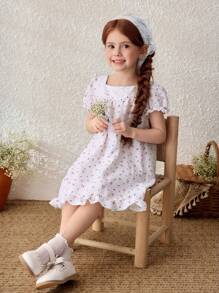 SHEIN Young Girls' Korean Style Floral Lace Decor Peter Pan Collar Puff Sleeve Dress - Multicolor - View 5