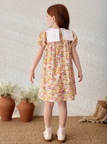Blossori Vestido de cuello cuadrado con mangas abullonadas, con bloque de color y bordado floral para niñas en vacaciones en el campo - Multicolor - Ver 2