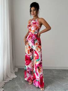 Elenzga Women's Elegant Spaghetti Strap Draped Tied Waist Sleeveless Floral Jumpsuit