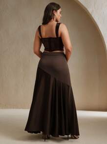 Anewsta 大码优雅长款 A 字拼接裙，修身百搭，休闲百搭，春季 - 咖啡棕 - 查看 2