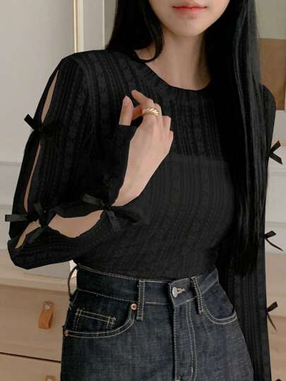 DAZY 女士休闲纯色蕾丝蝴蝶结装饰镂空长袖衬衫，春夏外出上衣，透明学院风上衣