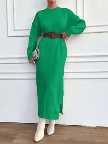 EURMUSE Women Solid Color Round Neck Long Sleeve Simple Long Casual Sweater Dress - Green - View 3
