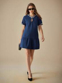SHEIN LUNE Women's Elegant Diamond Decor Denim Midi Dress, Summer - Blue - View 4