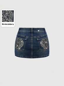 ROMWE J-Fashion Y2K Vintage Low-Waist Contrast Color Wing Embroidered Denim Mini Skirt For Women - Blue - View 1