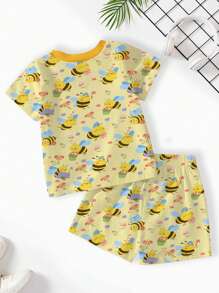 Camiseta de manga corta y cuello redondo de estilo minimalista informal con estampado de abeja y flor para bebé niña, adecuada para el verano