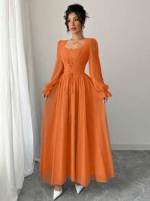 Modelyn 女式高端法式纯色蝴蝶领荷叶边袖收腰长裙春秋 - 橘色 - 查看 6