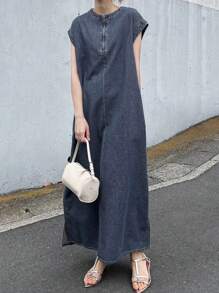 FRIFUL 女士休闲水洗无袖长款牛仔连衣裙 女装 女士夏季服装 工作夏季连衣裙 夏季服装 女士短款连衣裙 夏季返校服装 - 藍色 - 查看 3