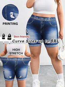 SHEIN CURVE+ 大码女式松紧腰休闲紧身裤，舒适弹力牛仔印花面料，夏季/乡村/海滩度假装/沙滩装/沙滩装 - 藍色 - 查看 6