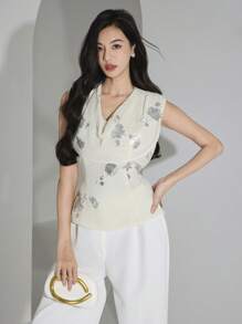 Heiryn Bluză elegantă de vară pentru femei, cu guler înalt, fără mâneci, cu decor de paiete