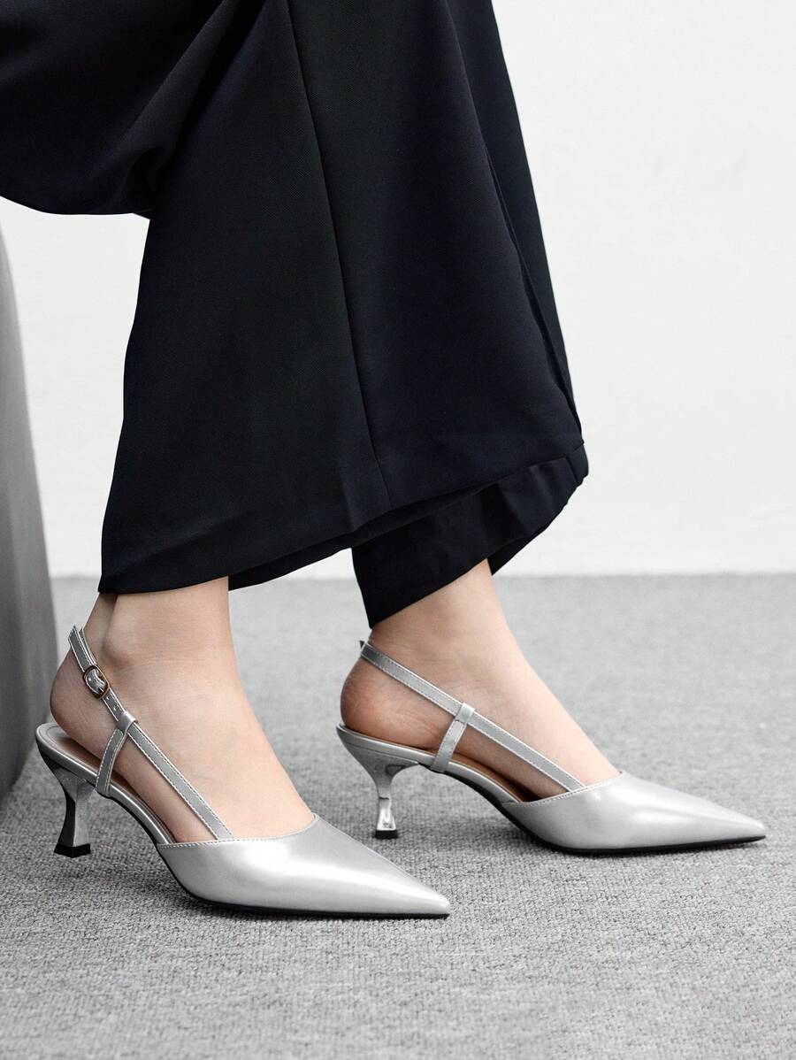 CUCCOO BIZCHIC Women's Pointed Toe Thin Heel Silver Elegant Commute, Party, Work Pumps With Buckle Strap - Silver - View 1