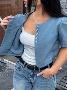 Dazy Plus Plus Size Solid Color Round Neck Short Buttoned Decorative Short Sleeve Shirt, Back To School Clothes - Blue - View 1