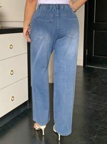 Dazy Plus 及踝长度渐变色水洗渐变半弹性腰部开叉直筒牛仔裤 - 中等水洗藍 - 查看 2