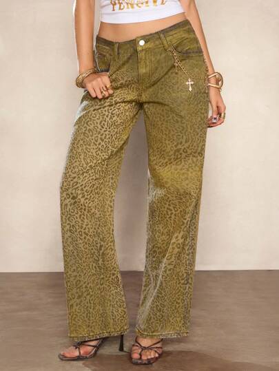 J-Fashion Jeans de cintura baja con estampado de leopardo y acento de cruz de lámina vintage para mujeres, estilo Harajuku Gyaru Y2K