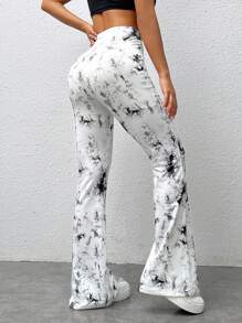 SHEIN EZwear Lässige Schlaghose Für Damen Große Größen Mit Batikmuster Und Tintenspritzer-muster In Schwarz Und Weiß, Geeignet Für Den Sommer