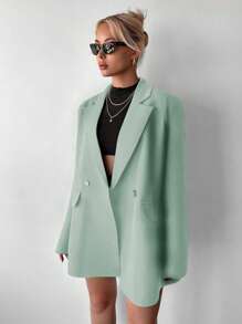 EURMUSE Turn-down Collar Double Breasted Suit Jacket - Olive Green - View 4