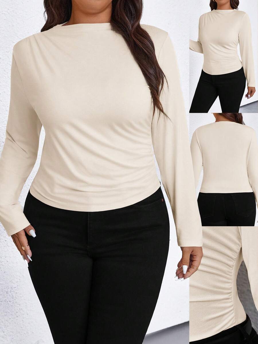 SHEIN PETITE 大码女式休闲纯色褶皱长袖T恤 - 米色 - 查看 1