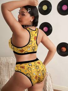 GARFIELD | SHEIN Plus Size Women's Yellow & Black Cute Cartoon Cat Print Cool Fashion Comfortable Sports Bra & Panty Set,Basic Comfortable Casual ,Soft - Yellow - View 2